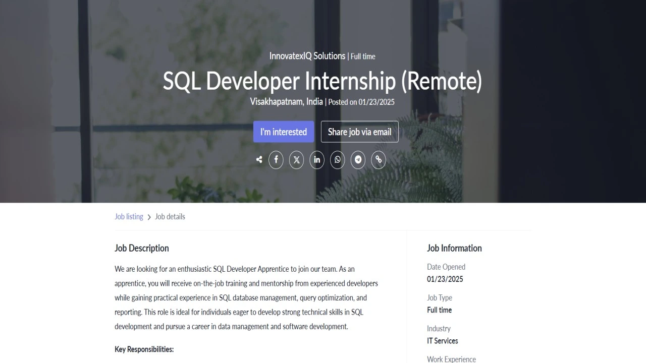 InnovatexIQ Solutions Hiring SQL Developer Internship (Remote) | Apply Now