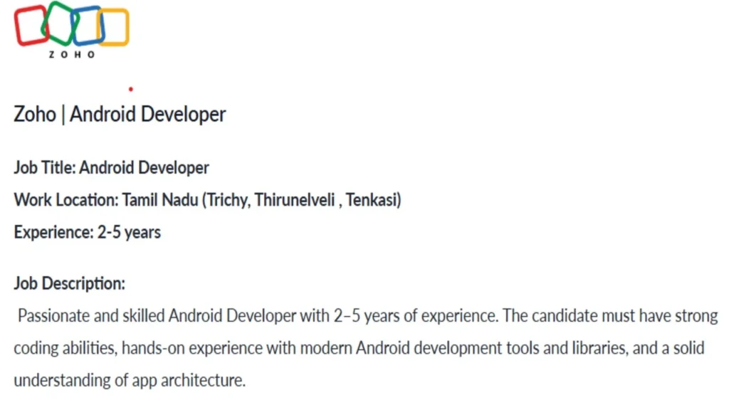 ZOHO Hiring Android Developer 2025
